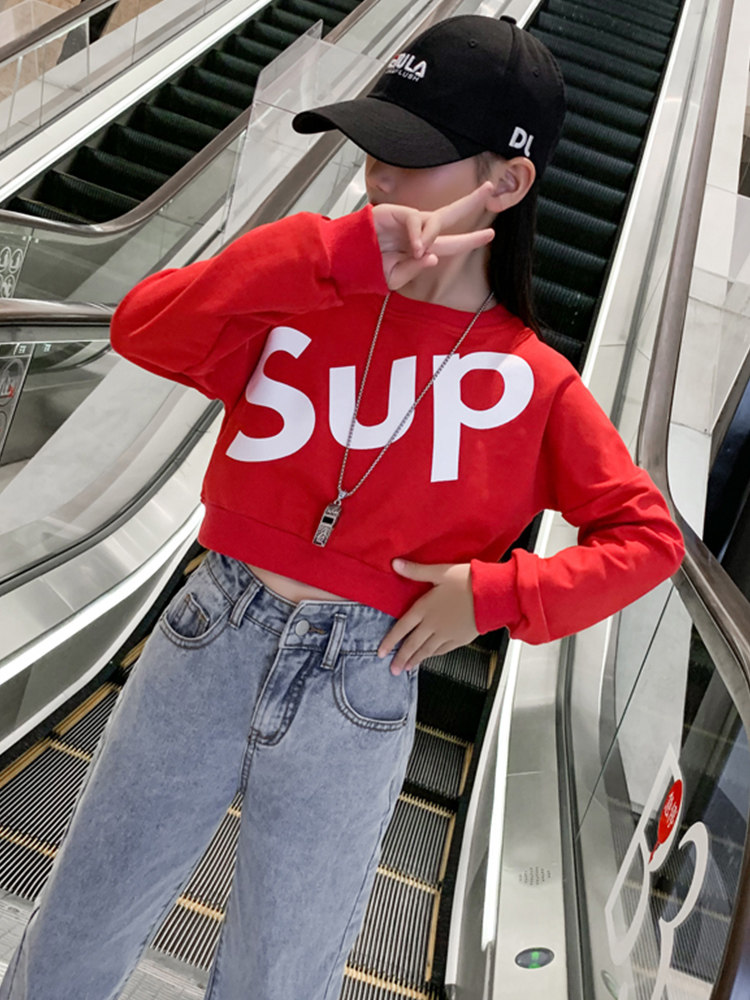 Girls short version sweater 2021 spring and autumn new fashion big children's Western school loose top children's fashion casual clothes