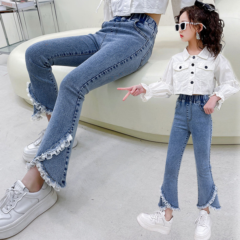 Girl Cowboy Horn Pants Spring New CUHK Child S-up Pants Spring Autumn Clothing Children Microlao Casual Pants