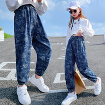 Girls jeans 2021 new spring and autumn children girls loose print long pants childrens toe casual pants
