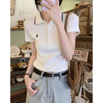 Summer American-Style Embroidered White Short-Sleeve T-Shirt for Women, Unique Design, Trendy Slim-Fit Polo Shirt