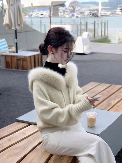 Fufu Sweater with Fur Collar and Hood for Women, Very Stylish for Autumn and Winter, Lazy and High-End Knit Top for Outerwear