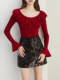 Autumn and Winter Ruffled Slim-Fit Beautiful Knit Sweater for Women, Stunning Red New Year Base Layer Top