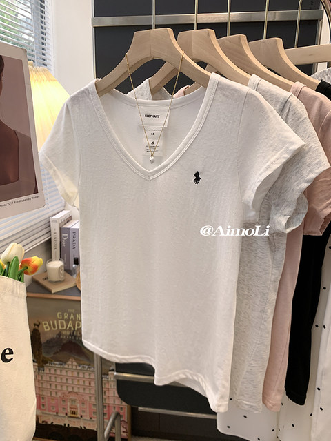 Summer White V-Neck Stylish Pure Cotton Short-Sleeve T-Shirt for Women, New Unique Embroidered Slim-Fit Top