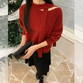 Korean-Style Off-Shoulder Halter Red Sweater for Women, Autumn and Winter, High-End, Atmospheric, Loose, Lazy Knitwear, New Year Top