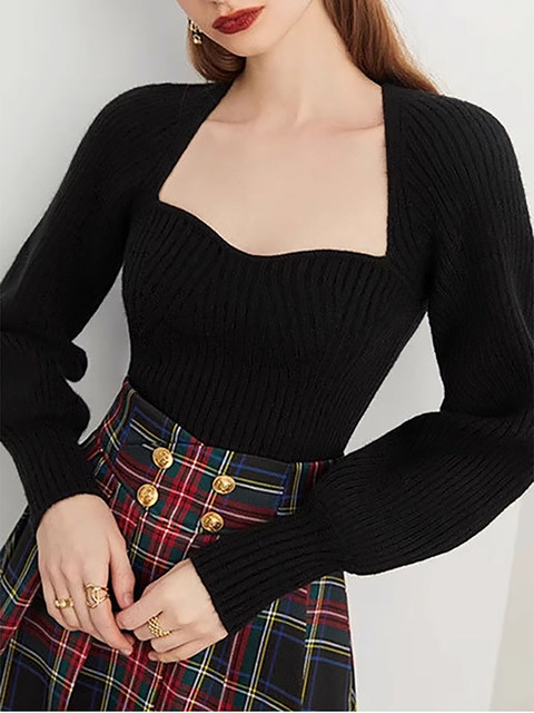 French-Style Square-Neck Wool Knit Sweater for Women, Autumn and Winter Lantern Sleeves, Thickened Inner Layer, High-End and Elegant Base Layer Top