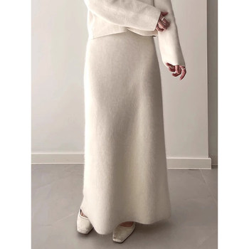 White Wool A-Line Knitted Skirt for Women, Autumn and Winter, High-Waisted, Slimming, Thickened, Hip-Hugging Skirt, Elegant and Gentle Long Skirt