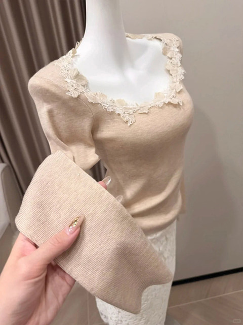 Gentle Lace Patchwork Slim-Fit Knit Sweater for Women, 2026 New Spring Style, Perfect as an Inner Layer, Stunningly Beautiful Top