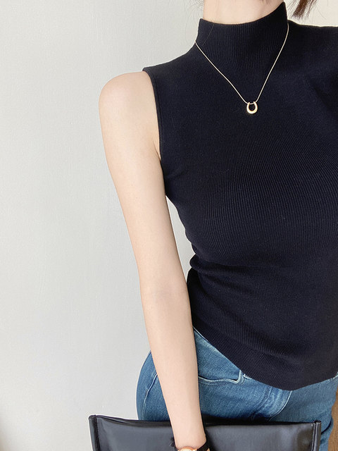 Summer Half-High Collar Rose Red Ice Silk Knitted Camisole Women's French Style Outerwear Sleeveless Inner Layering Top