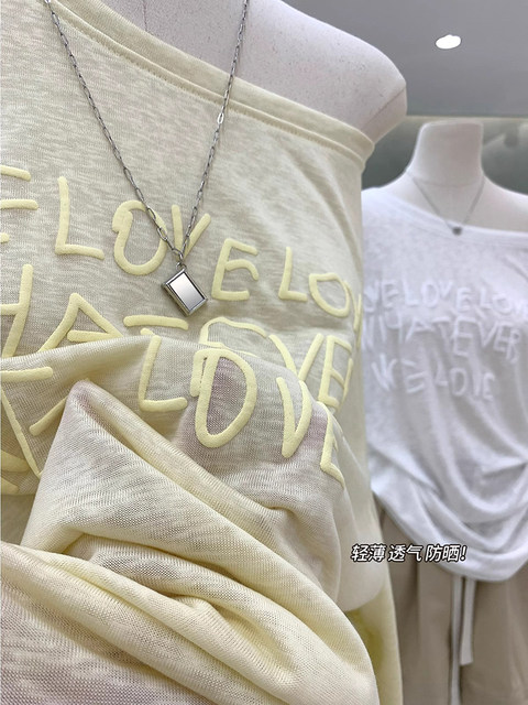 Lazy Style Diagonal Collar Printed Thin Long-Sleeved T-Shirt for Women in Summer, Pure and Desirable, Loose Sun Protection Outerwear, Unique Top