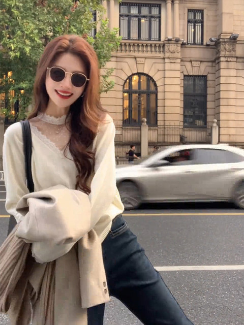 French-Style Lace Patchwork Half-Turtleneck Knitted Base Shirt for Women, Autumn and Winter High-End Halter V-Neck Sweater Inner Top