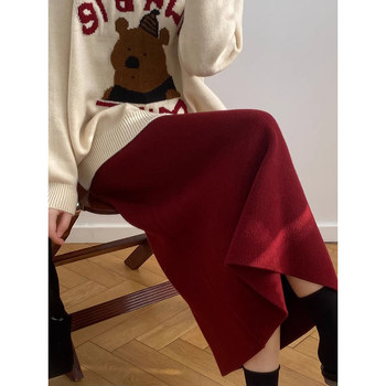 Ankora Red High-Waisted Knitted Skirt for Women, Autumn and Winter Elegant Wool Straight Pencil Skirt, Petite A-Line Long Skirt