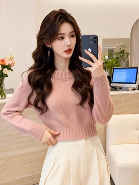 Korean pink high-end sequined sweater for women in autumn and winter, unique and beautiful thickened pullover sweater short top