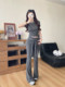 Summer Hot Girl Gray Round Neck Tight Short-Sleeved T-Shirt with Tie Design and Floor-Length Tencel Pants Two-Piece Set
