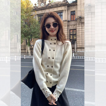 Korean-Style White Half-Turtleneck Knitted Cardigan for Women, Autumn and Winter Soft Sweater with Double-Breasted Design, Suitable for Layering or Wearing as an Outerwear