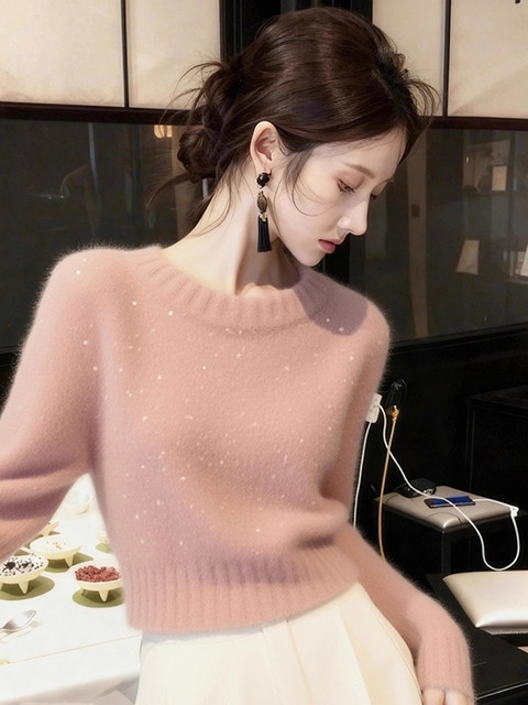 Korean-Style Pink Sequin Short Knit Sweater for Women, Autumn and Winter, Beautiful and High-End, Thick Pullover Sweater, Thick Top