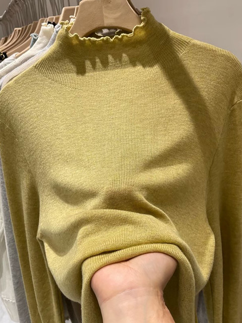 Autumn and Winter Popular Half-High Collar Ruffled Knit Sweater for Women, Stylish Slim-Fit Inner Layer Base Sweater, Elegant Soft Top