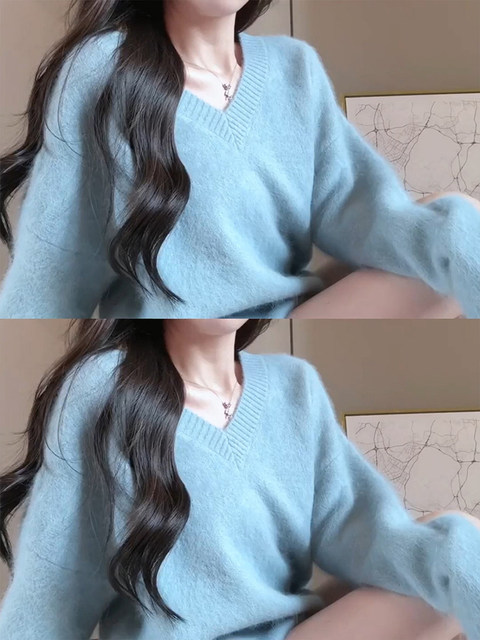 Korean-Style Soft Blue Mohair V-Neck Sweater for Women, Suitable for Autumn and Winter, Can Be Worn Outside, Loose and Lazy Style Knit Top