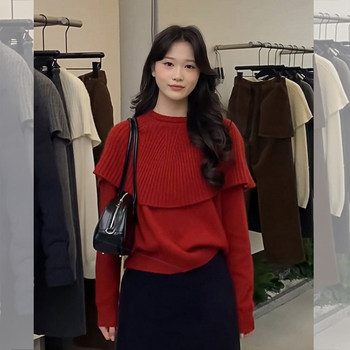 Korean-Style Red Fake Two-Piece Cape Knit Sweater for Women, Autumn and Winter Lazy Style Inner Wear, Elegant and Stunning Top