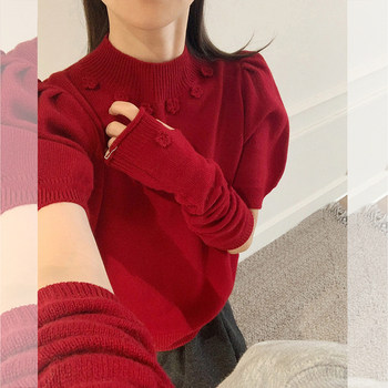 Beautiful Half-High Collar Crochet Knit Sweater for Women, Autumn and Winter Base Layer Sweater with Sleeve Cuffs, Festive Red Top for the New Year