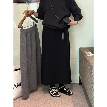 High-Waisted Wool A-Line Knit Skirt for Women, Autumn and Winter, High-End Gray Straight Pencil Skirt, Long Skirt