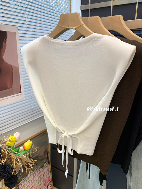 French Ice Silk Thin Flying Sleeve Knitwear for Women Summer Design Lace-Up Waist Sleeveless T-Shirt Short Top