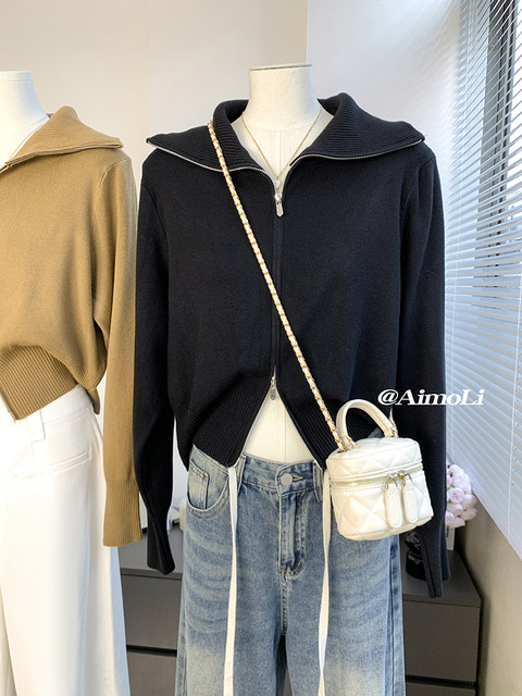Autumn and Winter Large Lapel Short Style Elegant Thick Outerwear Sweater for Women, Korean Style Double Zipper Unique Knit Top