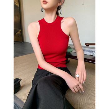 Retro Red Slim-Fitting Halterneck Knitted Camisole for Women, Summer Hot Girl Inner Wear, Sleeveless Shoulder-Cut Top