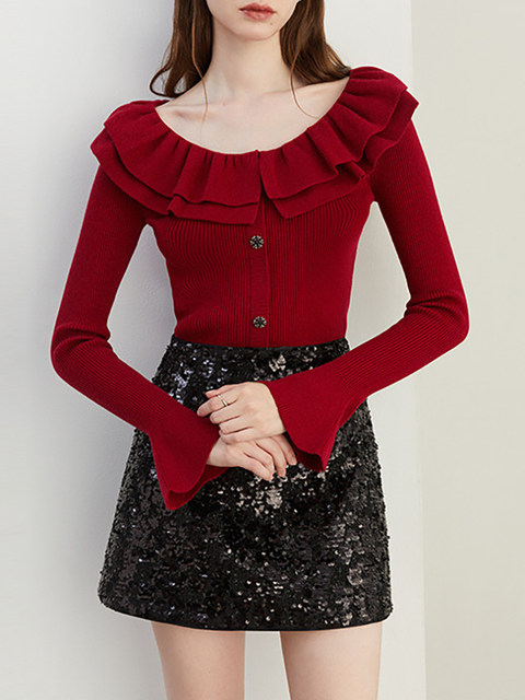 Autumn and Winter Ruffled Slim-Fit Beautiful Knit Sweater for Women, Stunning Red New Year Base Layer Top