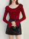 Autumn and Winter Ruffled Slim-Fit Beautiful Knit Sweater for Women, Stunning Red New Year Base Layer Top