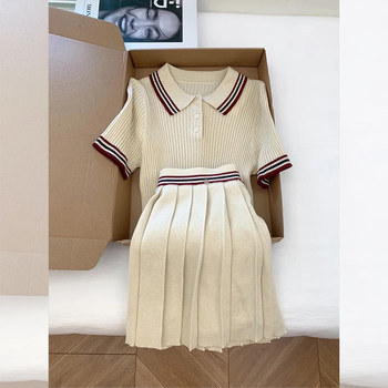 Korean Style Lapel Color-Block Short-Sleeve Ice Silk Knit Top for Women, Summer College Style Pleated Skirt Two-Piece Set