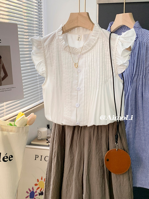 French Design, Sweet Sleeveless Vest Shirt for Women, Summer Elegant and Chic Babydoll Shirt, Slimming Flying Sleeve Top