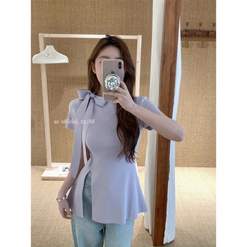Summer Design-Inspired Purple Slit Short-Sleeve Knit Top for Women with Bow Tie Waist, Ice Silk T-Shirt, Elegant Slim-Fit Top