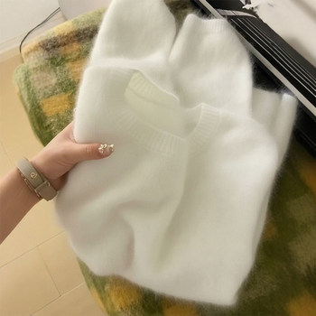 White Mohair Round-Neck Sweater for Women, Autumn and Winter Korean Style, Lazy Loose Soft Knitwear, Outerwear, Fluffy Top