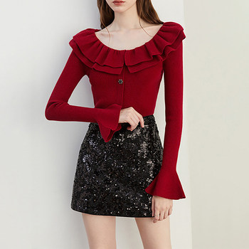 Autumn and Winter Ruffled Slim-Fit Beautiful Knit Sweater for Women, Stunning Red New Year Base Layer Top