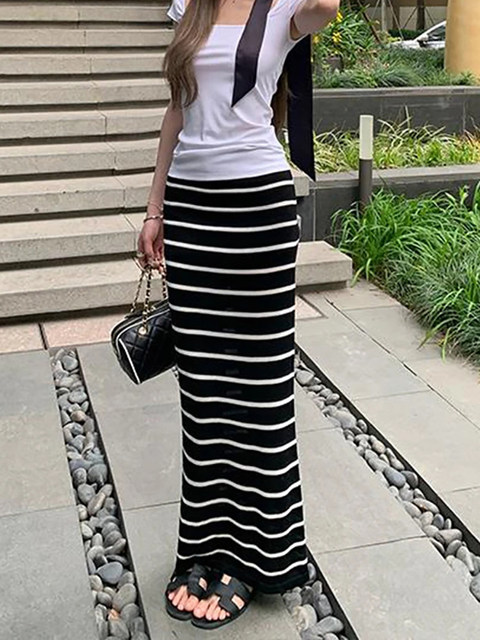 Summer Striped Thin Drapey Skirt for Women 2025 New High-Waisted Slimming Hip-Hugging Skirt Petite Elegant Long Skirt