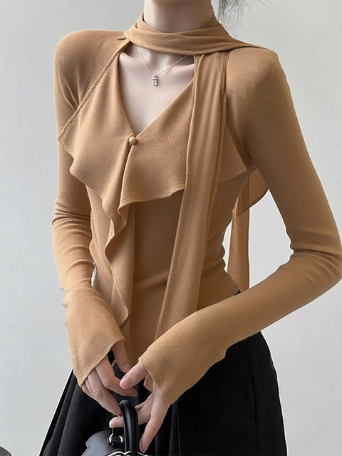 Korean-Style Outfit with Ribbon and Ruffle Trim, Knitted Sweater for Women, Autumn and Winter Design, Unique and Stylish, Super Pretty Top