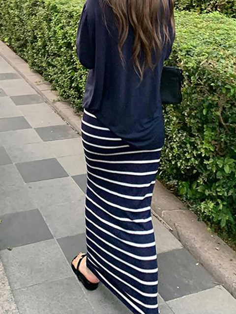 Summer Striped Thin Drapey Skirt for Women 2025 New High-Waisted Slimming Hip-Hugging Skirt Petite Elegant Long Skirt