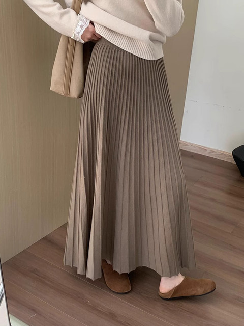 Black Wool Knit Skirt for Women, Autumn and Winter, High-Waisted, Slimming, Thickened Pleated Skirt, Petite, Elegant A-Line Long Skirt