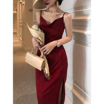 French-Style Red Swing-Neck Slit Slip Dress for Women, Summer High-End Acetate Satin Elegant Slimming Long Dress