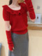 Korean-Style Red Square-Neck Ruffled Knitted Base Shirt for Women, Very Beautiful for Autumn and Winter, Perfect as an Inner Layer, Sweater with Sleeve Cuffs