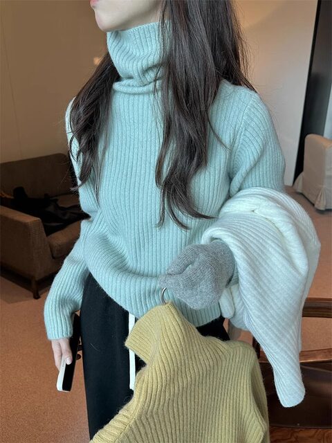 Purple Turtleneck Cashmere Knit Sweater for Women, Autumn and Winter Korean Style, Lazy and Loose, Inner Layer Sweater, Warm and Thick, Outerwear Top