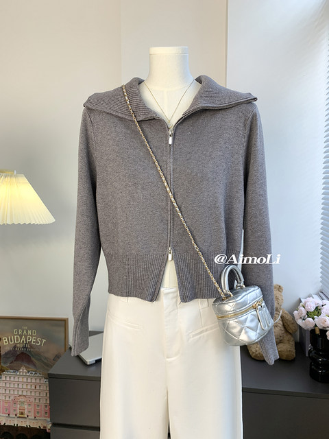 Autumn and Winter Large Lapel Short Style Elegant Thick Outerwear Sweater for Women, Korean Style Double Zipper Unique Knit Top