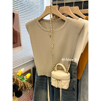 French Ice Silk Thin Flying Sleeve Knitwear for Women Summer Design Lace-Up Waist Sleeveless T-Shirt Short Top