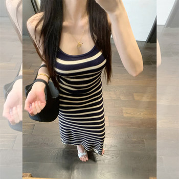 Korean-Style Striped Color-Block Sleeveless Camisole Dress for Women, Summer Sexy Design, Waist-Cinching Bodycon Dress, Elegant Long Dress