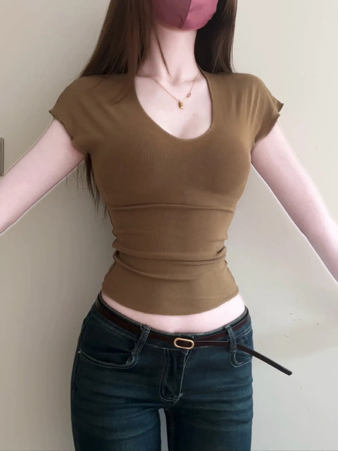 Pure Desire U-Neck Tight-Fitting Short-Sleeve T-Shirt for Women, Summer Hot Girl Short Flutter-Sleeve Crop Top, Sexy and Unique Slim-Fit Top