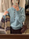 Autumn and Winter Korean Style High-Neck Blue Knit Sweater for Women with a Stylish Design, Lapel Collar, Outerwear Sweater with a High-End Feel, Casual Inner Layer Top