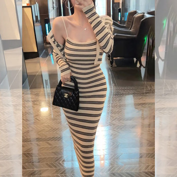 Autumn New Korean Style Striped High-Elastic Knit Camisole Dress for Women, Pure and Sexy, Slimming, Hip-Hugging Short Skirt Two-Piece Set
