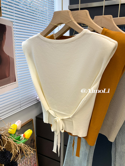 Ice Silk Sleeveless Knitwear for Women Summer High-End Thin Flying Sleeve T-Shirt Elegant Lace-Up Waist Short Top