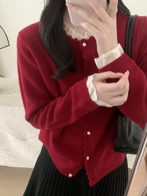 Korean-Style New Year Red Fake Two-Piece Knitted Base Shirt for Women, Spring Lazy Style, Stunning Inner Sweater with Patchwork Design