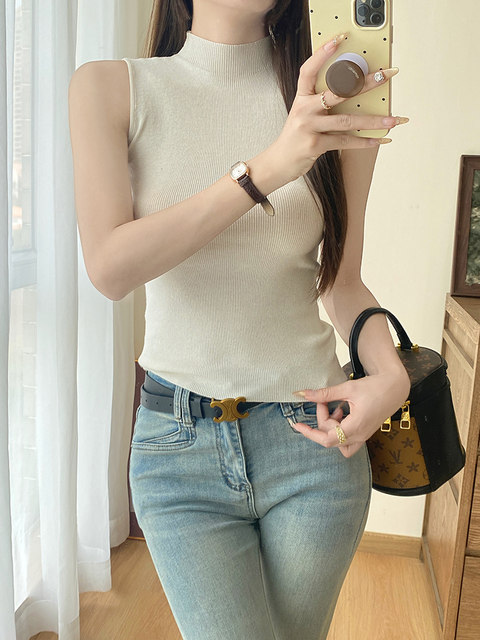 Summer Half-High Collar Rose Red Ice Silk Knitted Camisole Women's French Style Outerwear Sleeveless Inner Layering Top